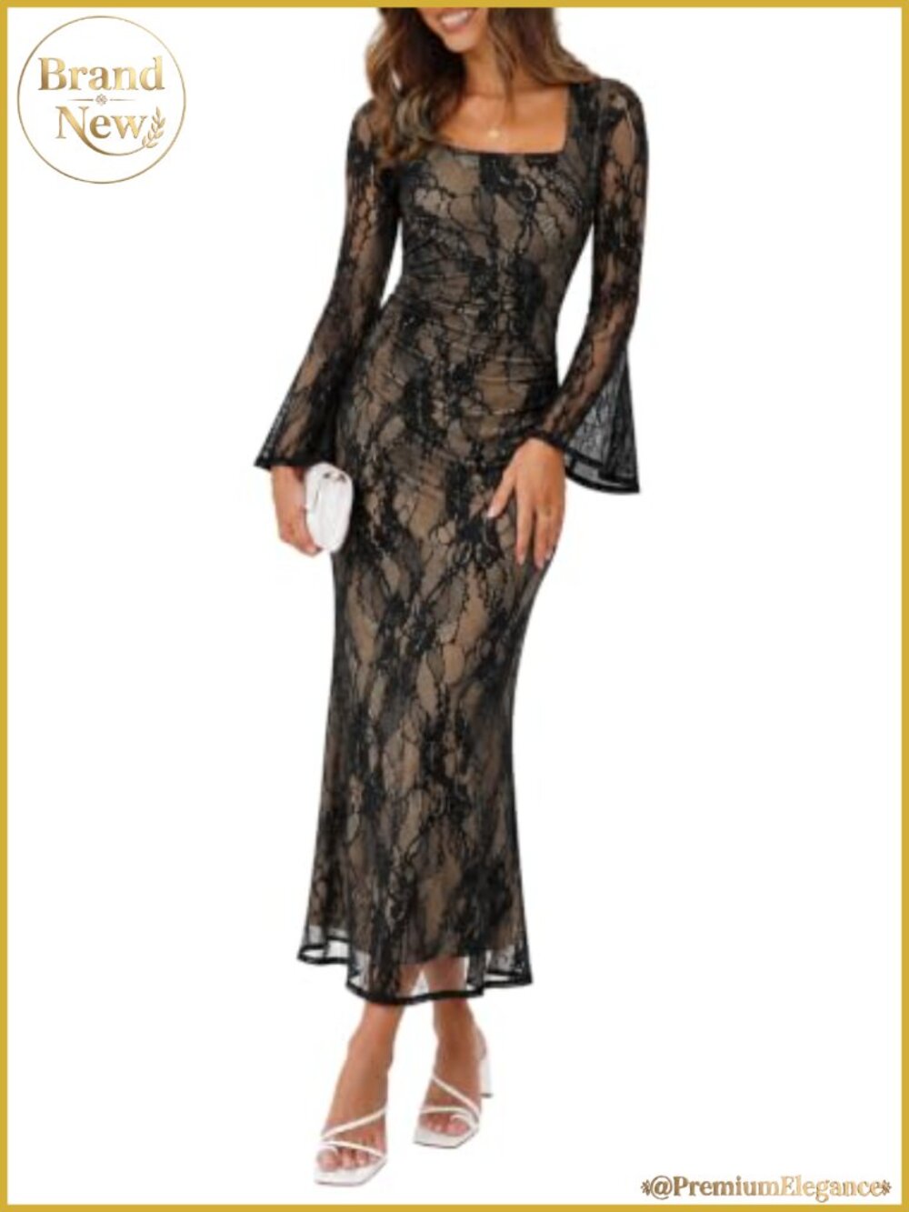 Sipaya Bodycon Maxi Dress Long Sleeve Square Neck Mermaid Hem Womens
